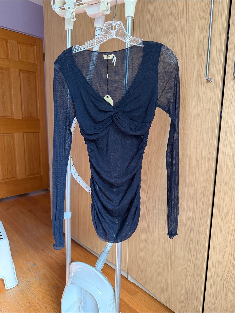 Max Studio 100% Silk Black Sheer Twist-Front Long Sleeve Top